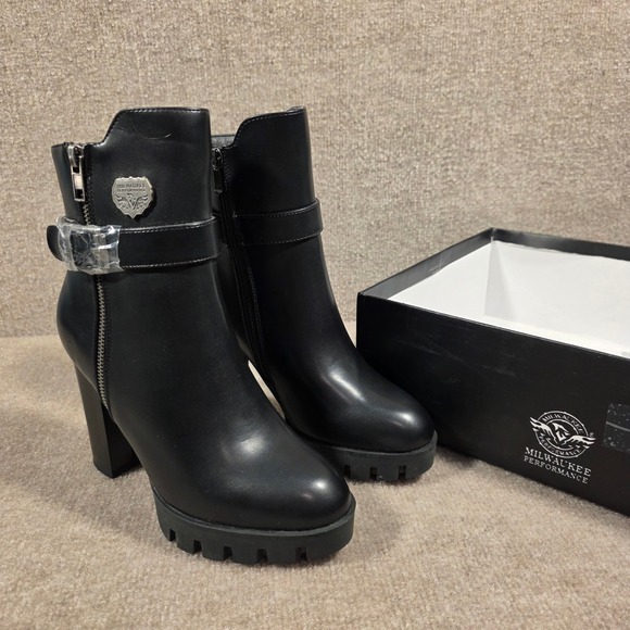 Milwaukee Performance Shoes - Milwaukee Performance Womens Black Leather Heeled Platform Biker Boots Size 6